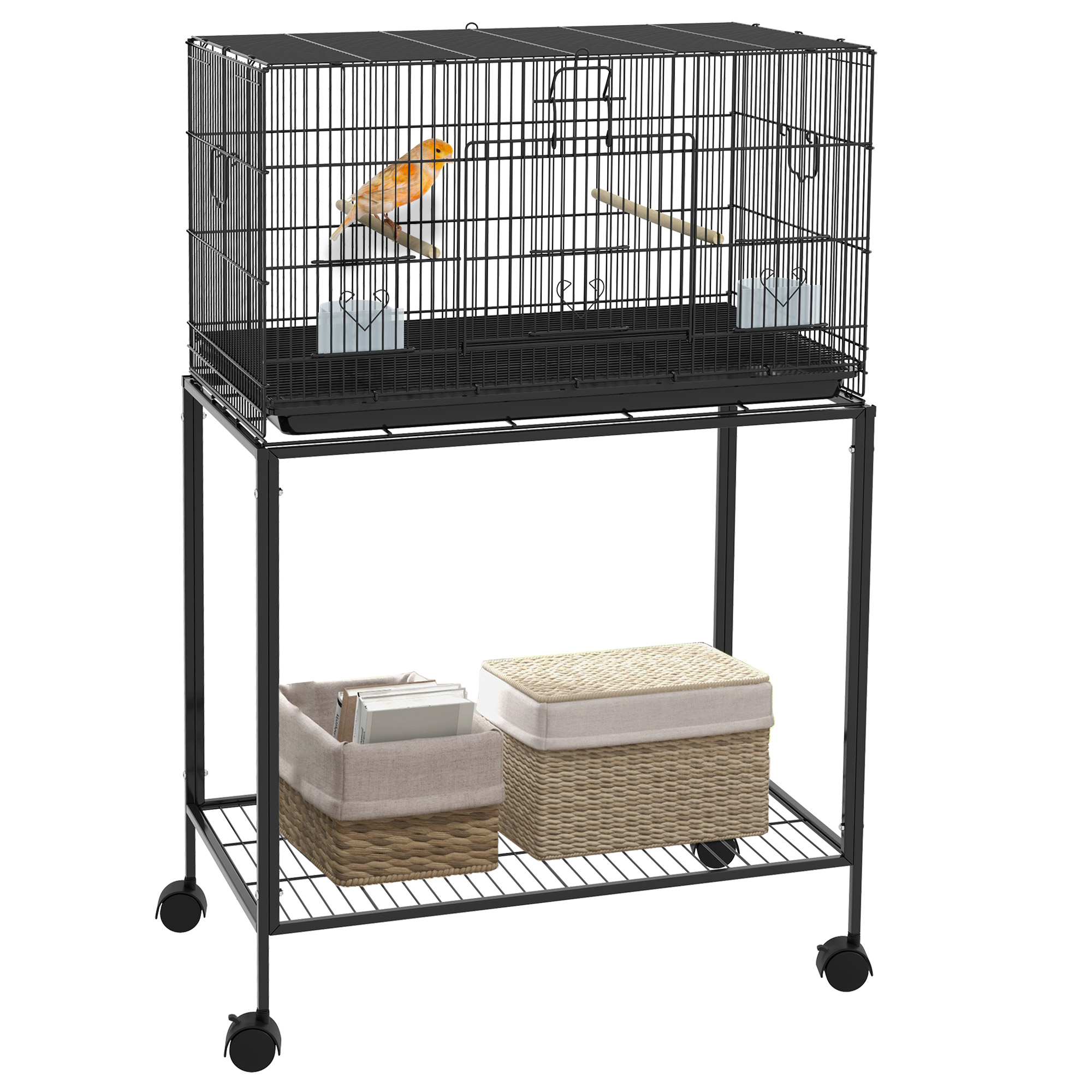 PawHut Jaula para Pájaros con Ruedas 77x46x119 cm Jaula Metálica para Aves con Bandeja Extraíble 2 Perchas 2 Comederos y Estante de Almacenamiento