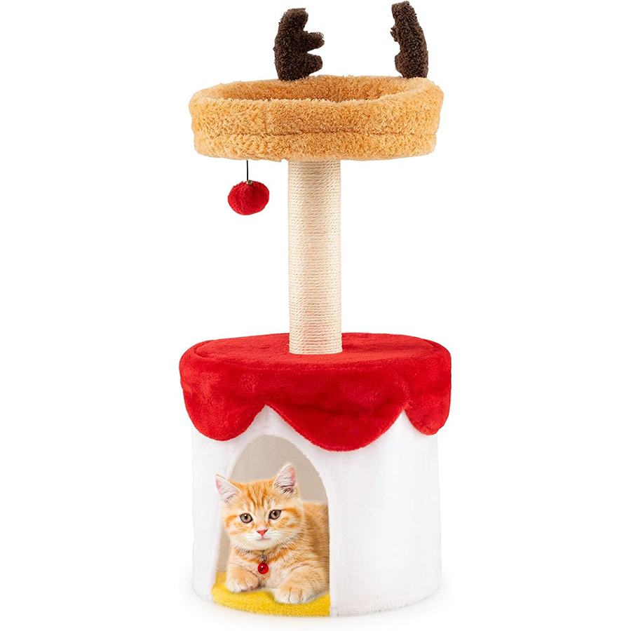 COSTWAY Árbol de Navidad para Gatos, 80 cm Torre Gatos Navideño con Rascador de Sisal, Pelota Colgante, Cojín Suave, Acolchado Felpa, Rascador Gato en