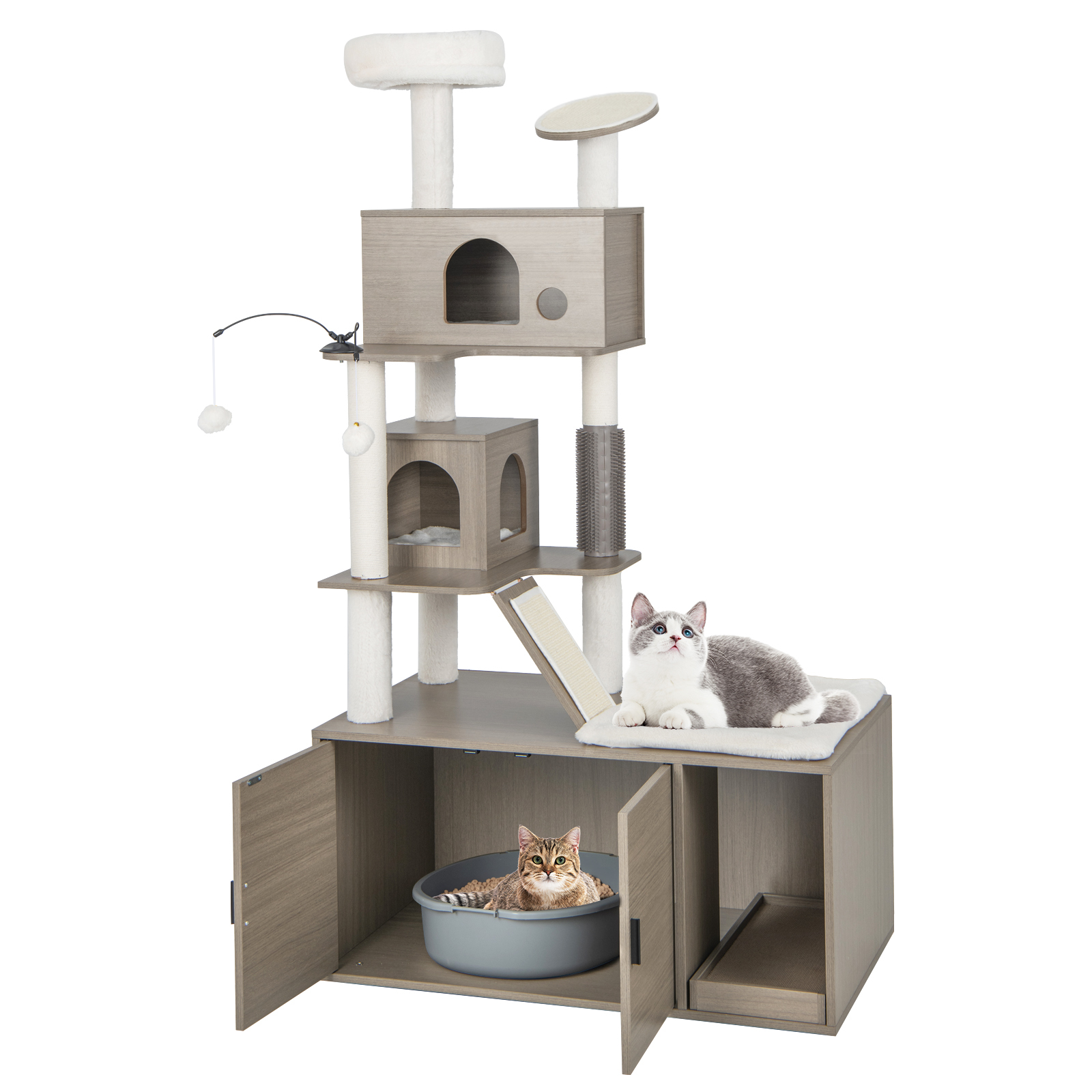 COSTWAY Árbol para Gatos con Caja de Arena, Torre para Gatos 2 En 1 con Perca Superior, Tabla para Rascar, Condominios para Gatos, Postes De Sisal,