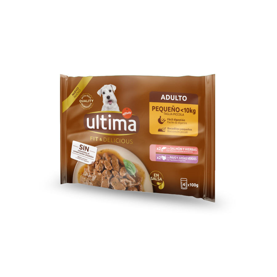4 x 100 gr Ultima Fit & Delicious Adult Salmón y Pavo Sobre en Salsa para perros – Multipack