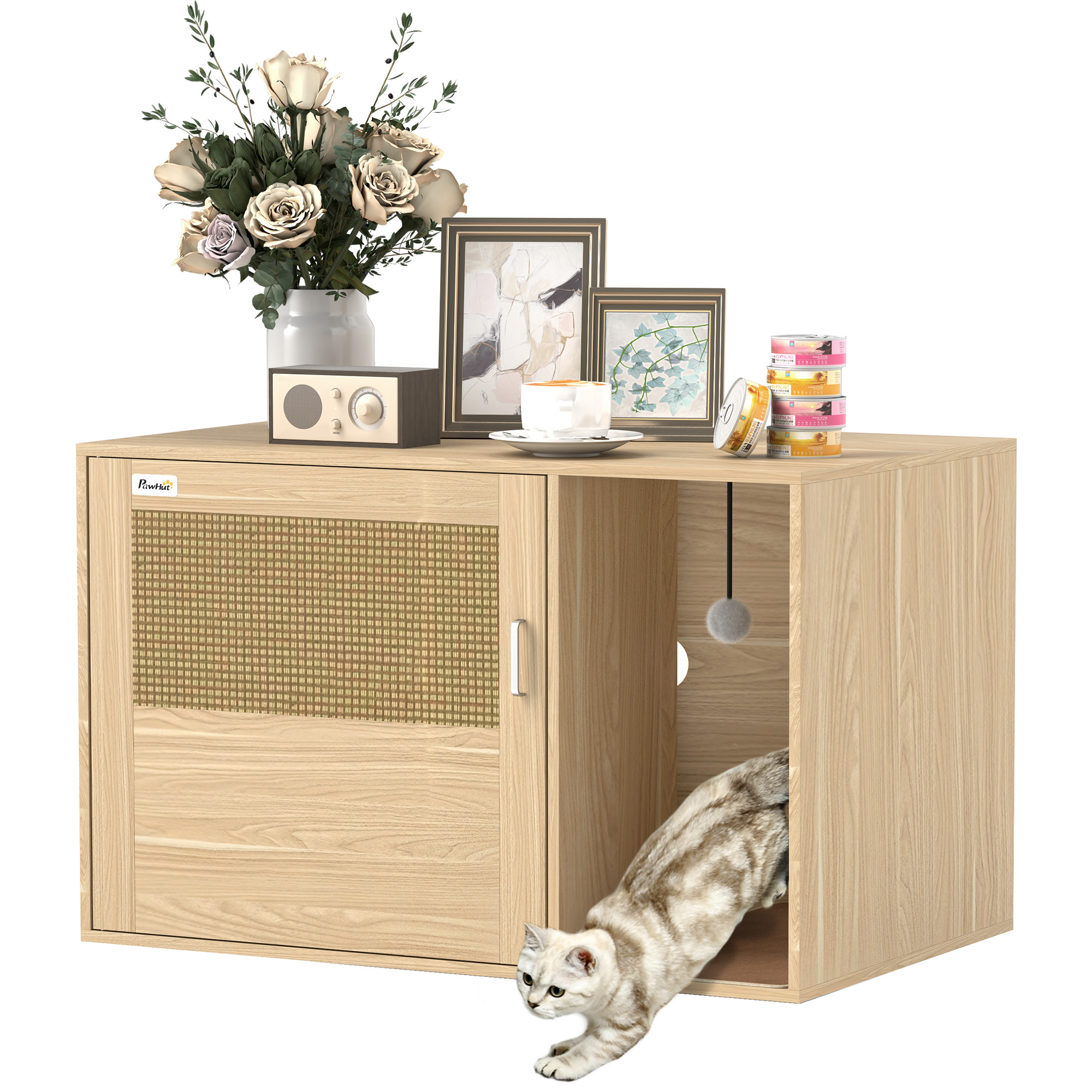 PawHut Mueble Arenero para Gatos, Caja de Arena para Gatos con Almohadilla para Rascar y Puerta de Ratán, Mesa Auxiliar para Salón, Dormitorio,