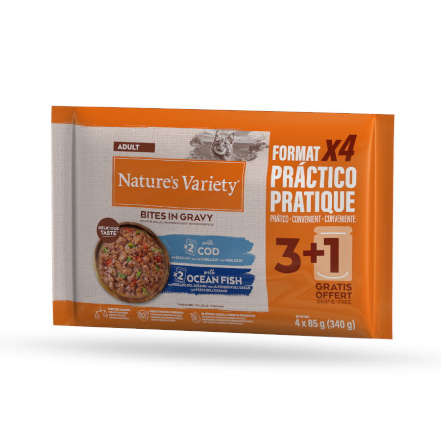 24 sobres x 85 g Nature’s Variety Bocaditos de Bacalao o Pez Oceánico Sobre en Salsa para gatos adultos ¡Pack Ahorro!