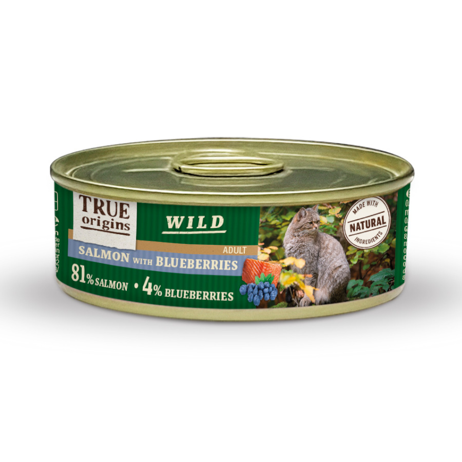 12 latas x 85 g True Origins Wild Adult Salmón y Arándanos lata para gatos ¡Pack ahorro!