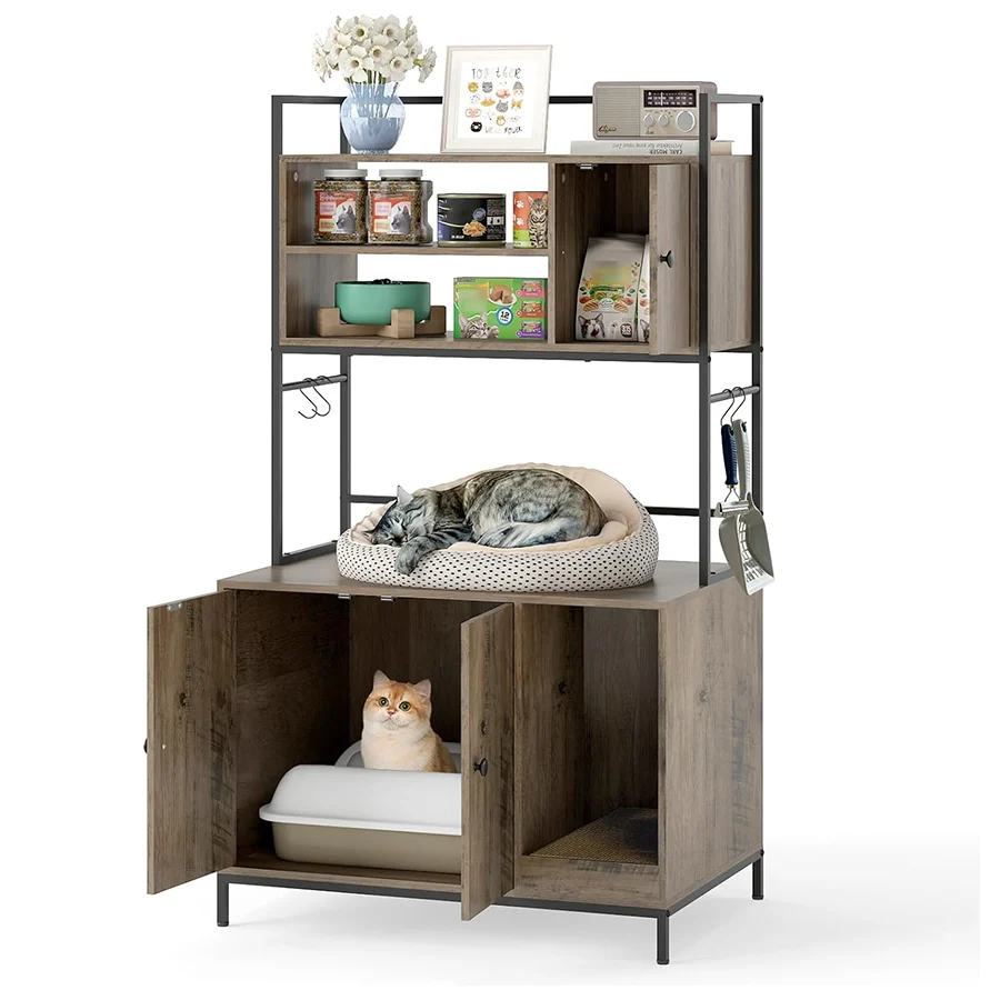 COSTWAY Mueble Arenero para Gatos, 78x51x137 cm, Caja de Arena Grande para Gatos con Estantes de Almacenamiento, Ganchos y Tablero Rascador,