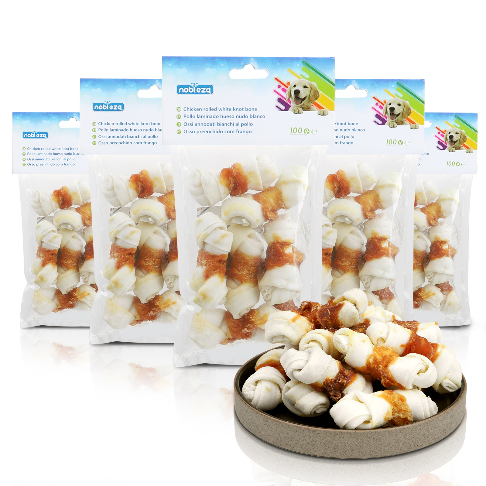 Nobleza- Hueso para Masticar con diseño de Pollo para Perros,  Pollo Envuelto Rawhide Huesos con Nudos, Materias Primas Naturales Seleccionadas