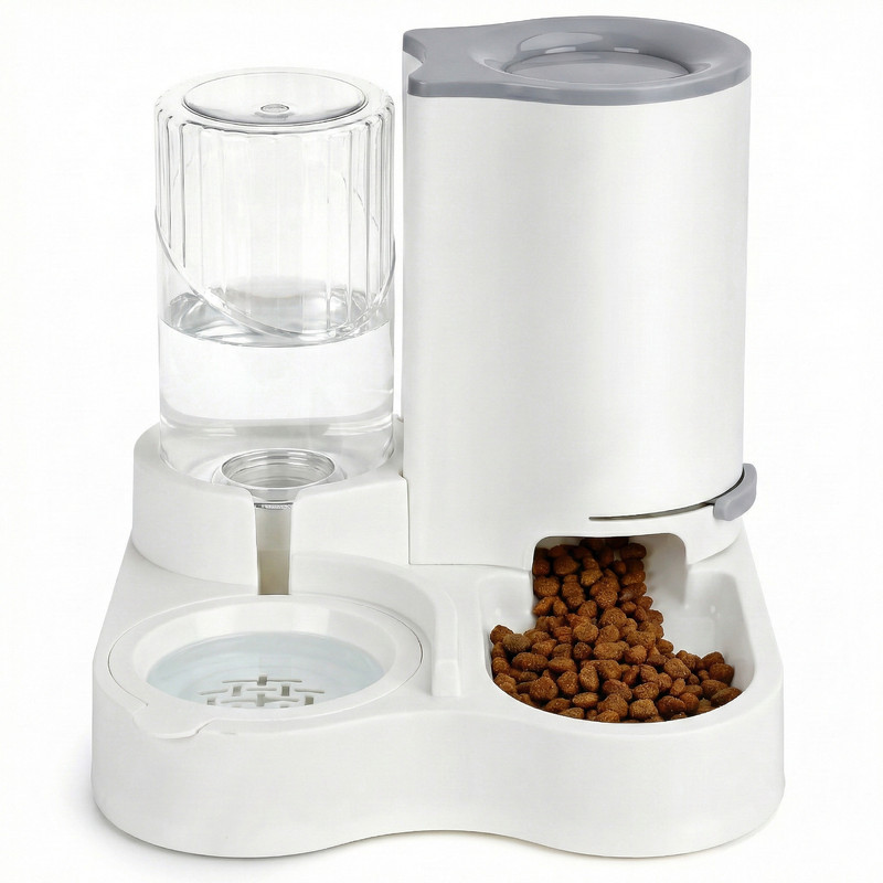Nobleza Dispensador Automático 2 en 1 de Comida y Agua para Perros y Gatos - Comedero y Bebedero por Gravedad con Separación Seca y Húmeda - Blanco