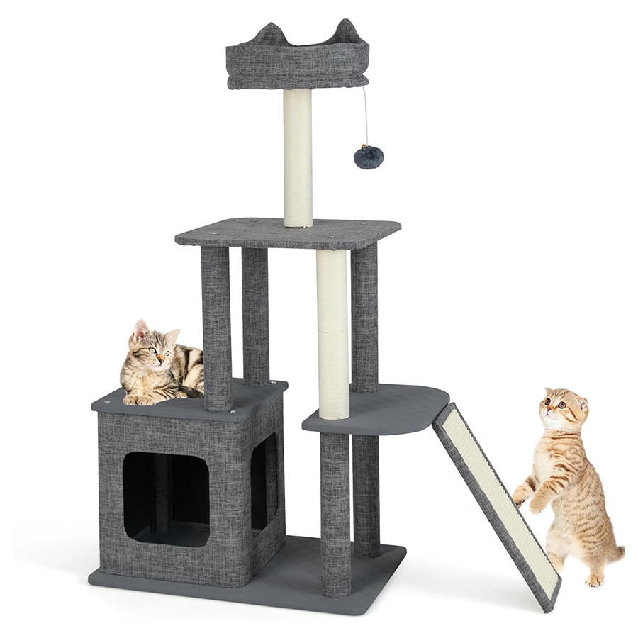 COSTWAY Rascador para Gatos, Arbol Rascador para Gatos de 3 Niveles con 2 Postes y Rampa Rascadores, Cama Superior, Pelota Colgante y Plataformas de