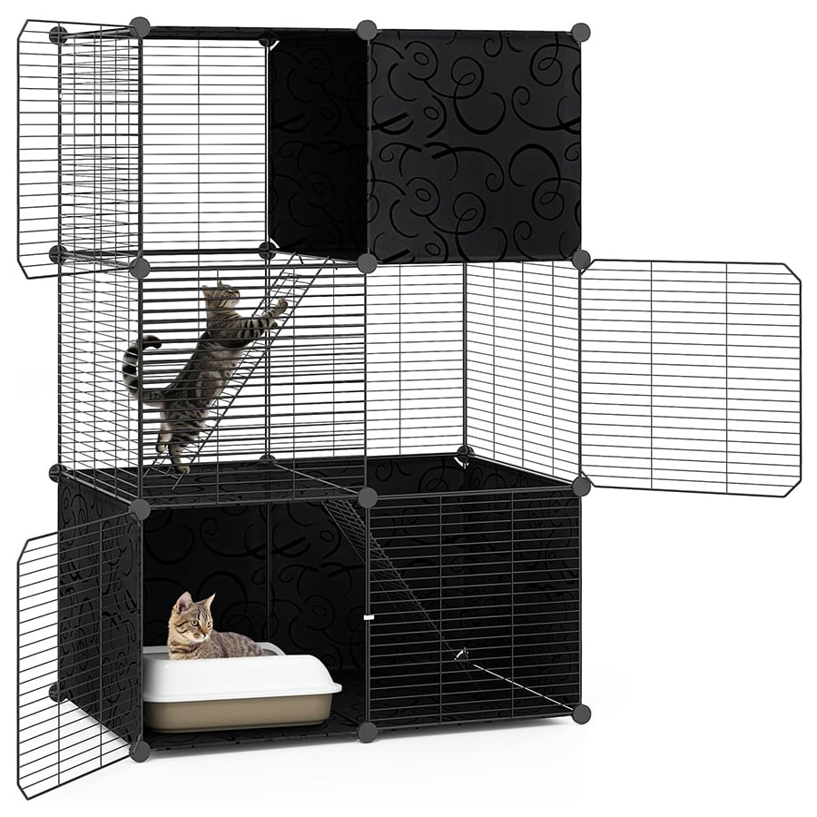 COSTWAY Jaula Grande para Gatos, Recinto para Gatitos de 3 Niveles de Alambre Metálico para Interiores, Parque de Metal para Gatos, Corral para