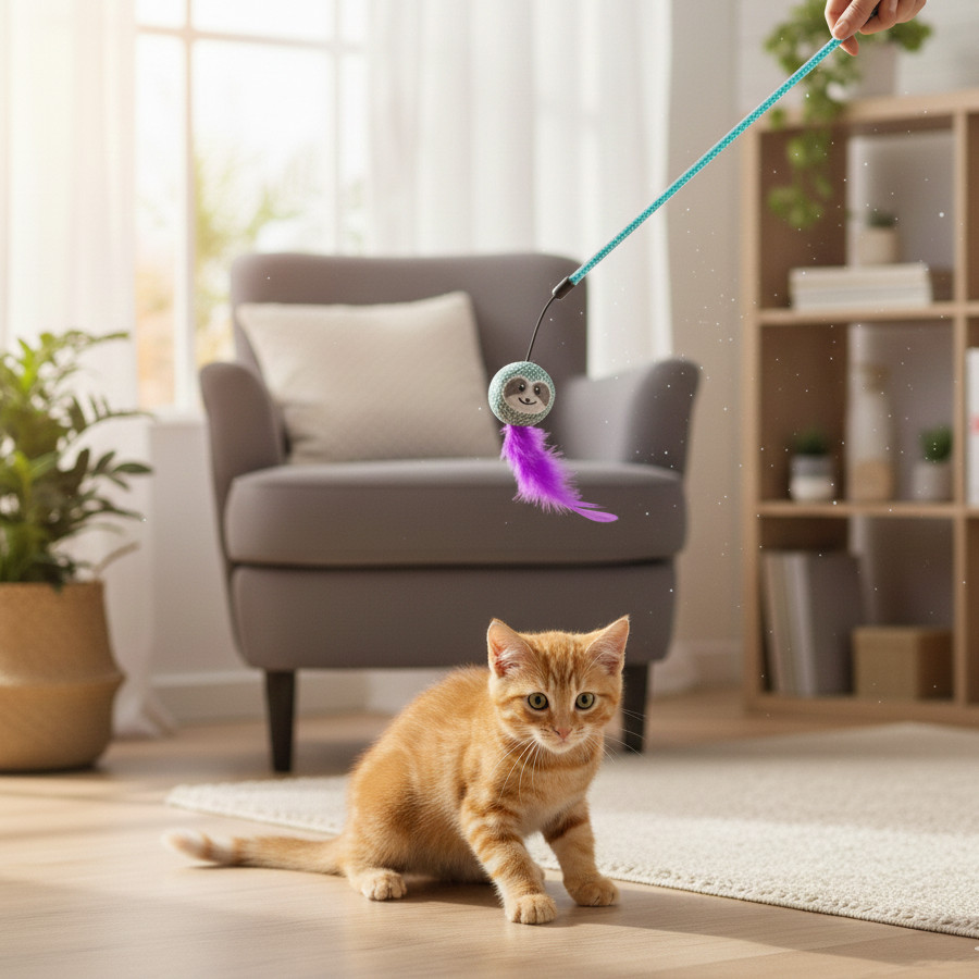 Tootoy! Caña Interactiva con Peluche de Perezoso y Plumas para gatitos