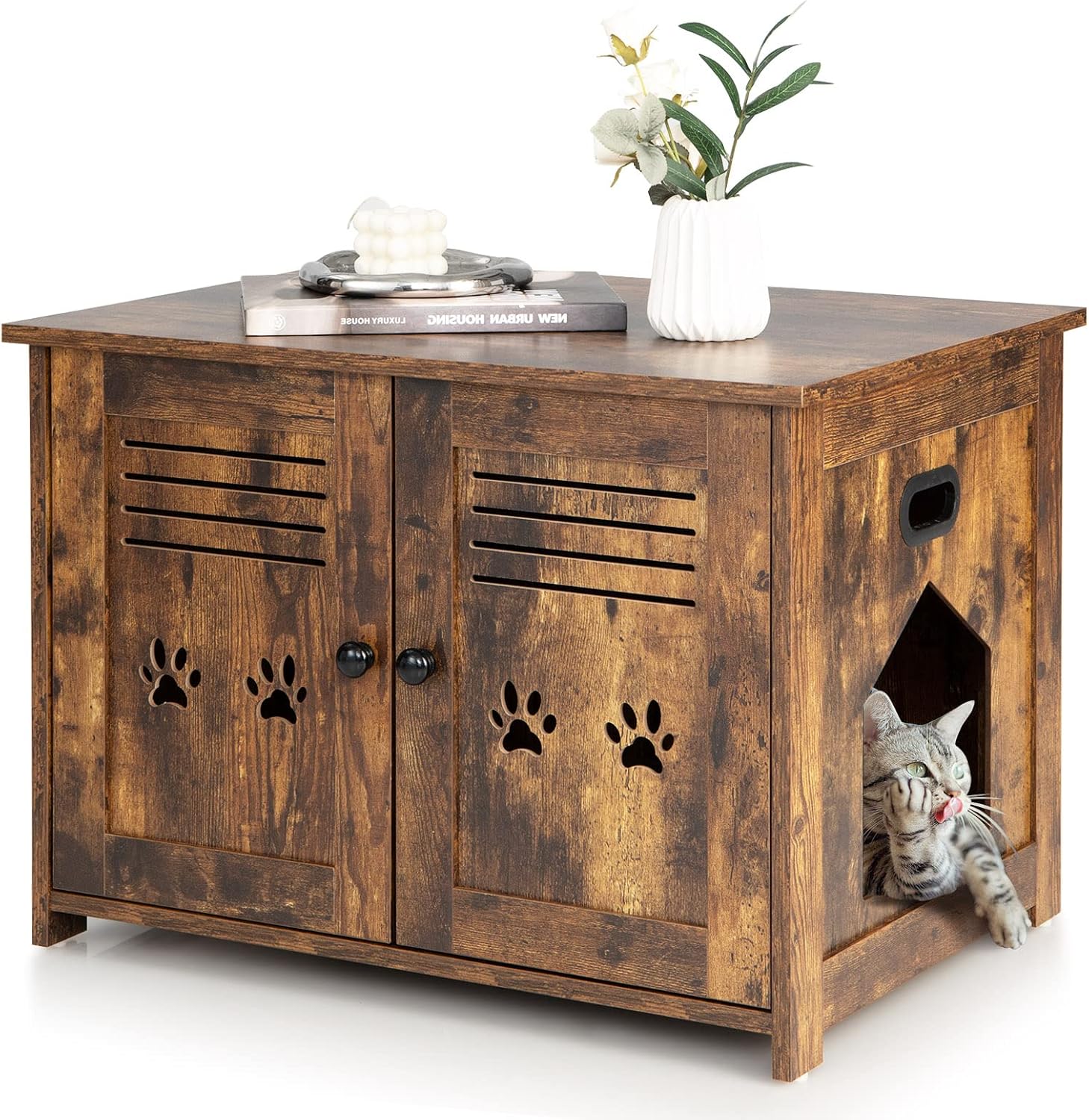 COSTWAY Mueble Arenero para Gatos, Doble Puerta, Baño Oculto para Gatos, Mesa de Café, Casa para Gatos Grande y Pequeña 70 x 51,5 x 50,5 cm