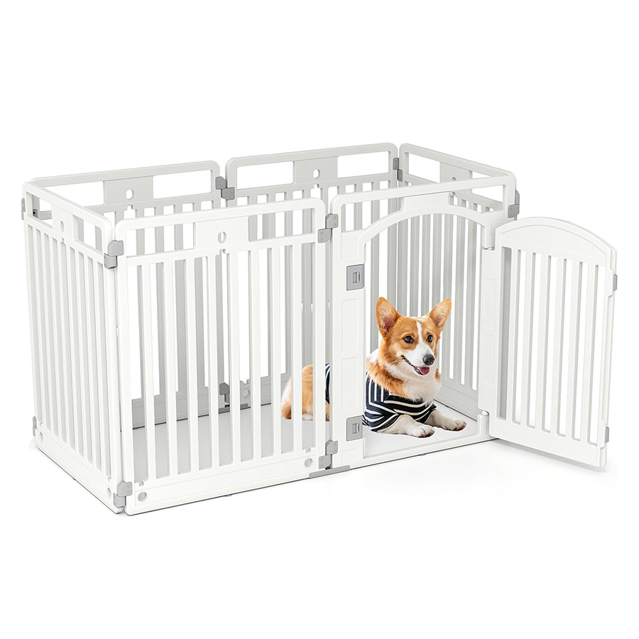 COSTWAY Corral de Mascotas de 6 Paneles, Valla Plegable de 81 cm con Puerta de Cierre Seguro, Estacas y Ventosas, Ideal para Perros Pequeños y