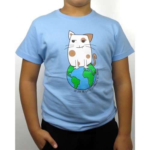 Camiseta niño/a "Un día mi gato dominará el mundo" color Azul, , large image number null