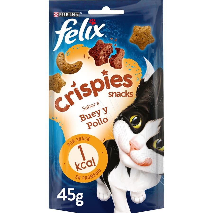 4 bolsitas x 45 g Felix Crispies Buey y Pollo Bocaditos para gatos ¡Pack ahorro!