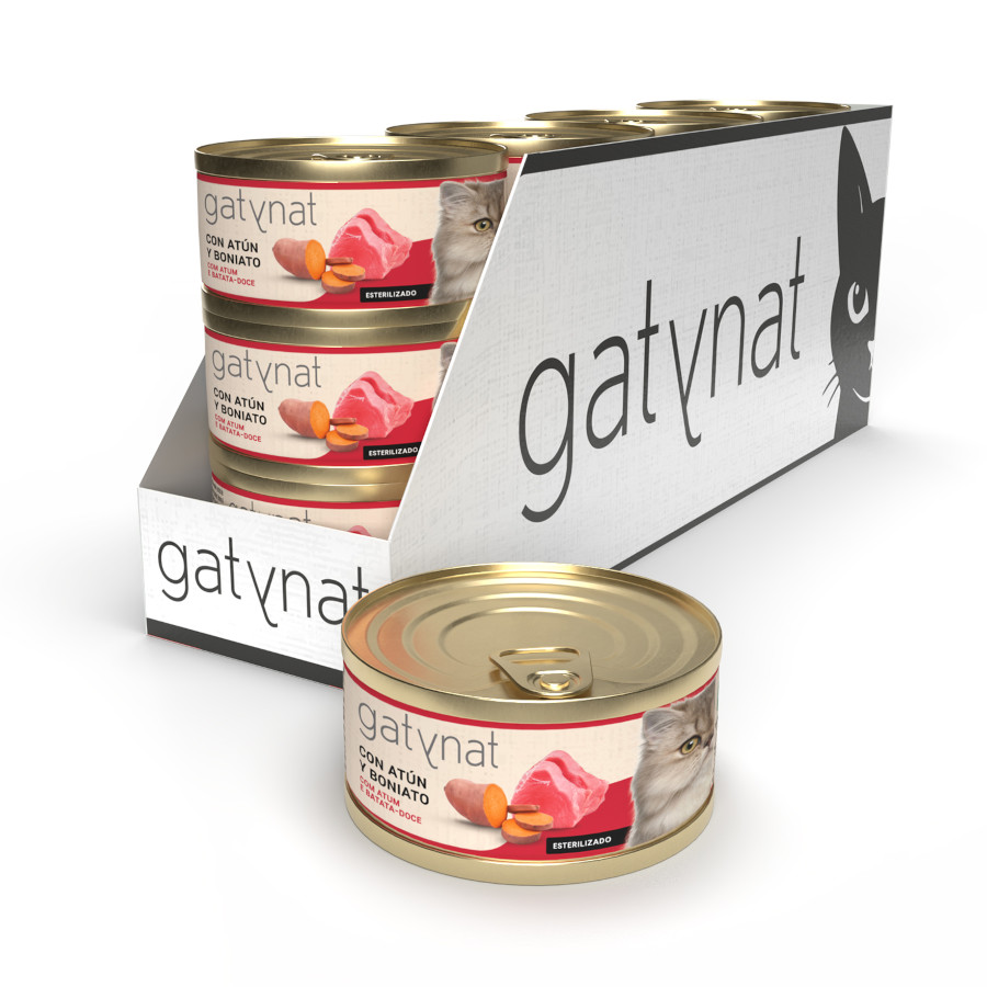12 Latas x 85 g Gatynat Lata Atún y boniato para gatos – Pack ahorro