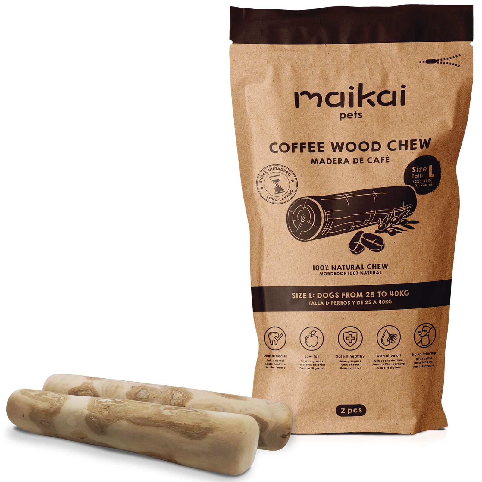 Madera de Café Natural para Perros – Talla L – 2 uds