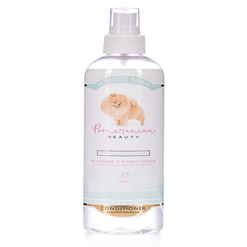 Spray acondicionador hidratante para el cepillado del perro pomerania
