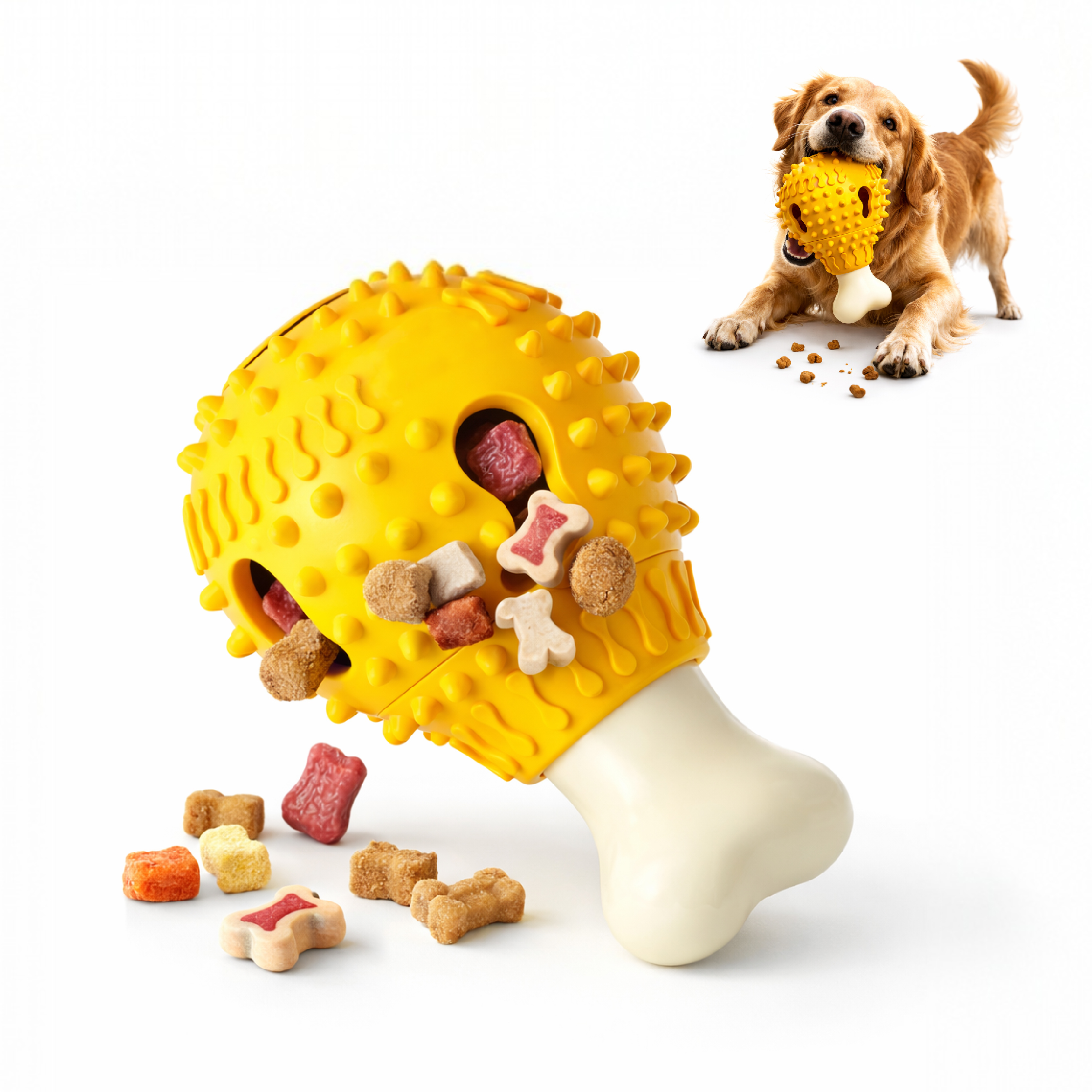 Juguete interactivo para perros con dispensador de premios TheKingPet – Mordedor resistente de TPR con sonido y texturas dentales