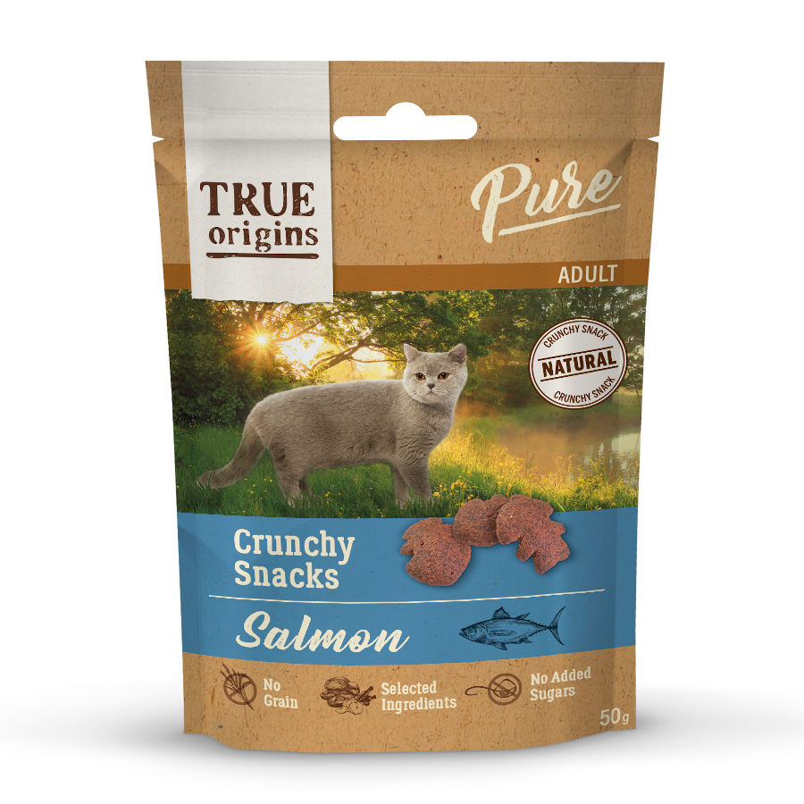 2 bolsitas x 50 g True Origins Pure Bocaditos Adult Crunchy de Salmón para gatos ¡Pack ahorro!